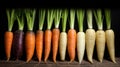 A row of carrots with green tops and white bottoms, AI Royalty Free Stock Photo