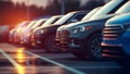 Row of Cars Closeup Parked at a Car Lot. Generative ai Royalty Free Stock Photo