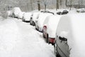 Row of cars covered in snow