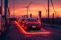 Row of Cars Parked Next to Wind Turbines