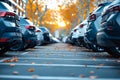 A row of cars are parked in a parking lot with leaves on the ground. Generative AI Royalty Free Stock Photo