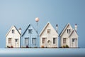 Row of Cartoon Miniature House Models extreme closeup. Generative AI