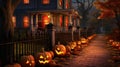 A row of carved pumpkins line a sidewalk in front of a house. Digital image.