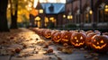 A row of carved pumpkins on a sidewalk