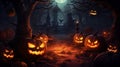 A row of carved pumpkins sitting on the side of a road generative ai image Royalty Free Stock Photo