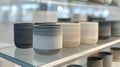 Row of ceramic cups displayed on a glass shelf in a modern setting. Royalty Free Stock Photo