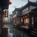 Cityscape featuring Chinese architecture along a waterway with a bridge Royalty Free Stock Photo