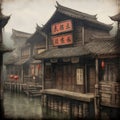 Cityscape featuring Chinese architecture along a waterway with a bridge Royalty Free Stock Photo