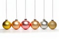 Row of christmas ornaments hanging from line of strings on white background. Generative AI Royalty Free Stock Photo