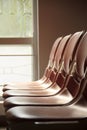 A row of church chairs at sunset