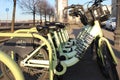 Row of city bikes for rent in Sankt Petersburg Russia