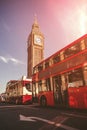 Row of Classic Double Decker red Bus in London. Big Ben in the distance Royalty Free Stock Photo