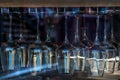 Row of clean wine glass  hanging on stand upside down in shop window. Lots of wine glasses dry on dryer Royalty Free Stock Photo