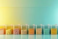 A row of clear glass jars filled with various types of food, including pasta with Generative AI Royalty Free Stock Photo