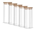 Row of clear tall jars with airtight lids realistic vector illustration. Glass empty food canisters