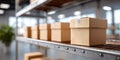 Row of closed cardboard boxes on metal shelving in a bright modern warehouse or storage room with blurred background Royalty Free Stock Photo