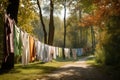 a row of clotheslines, each with freshly laundered clothing, in a park