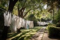 a row of clotheslines, each with freshly laundered clothing, in a park