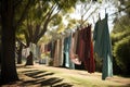 a row of clotheslines, each with freshly laundered clothing, in a park