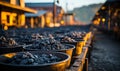 Row of Coal Buckets at Train Station Royalty Free Stock Photo