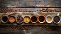 Row of Coffee Cups Filled With Different Coffee Beans Royalty Free Stock Photo