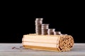 A row of coins are on the bamboo slips of ancient books Royalty Free Stock Photo