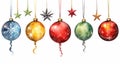 Row of color christmas balls hanging on strings over blue background Royalty Free Stock Photo