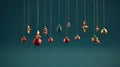 Row of color christmas balls hanging on strings over blue background. Royalty Free Stock Photo