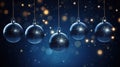 Row of color christmas balls hanging on strings over blue background Royalty Free Stock Photo