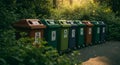 A row of color-coded recycling bins stands on a paved walkway, surrounded by dense Royalty Free Stock Photo
