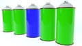 Row of Color spray cans in blue and green colors Royalty Free Stock Photo