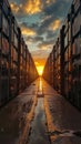 Row of colored cargo containers on both sides at sunset, cargo transportation Royalty Free Stock Photo