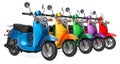 Row from colored classic scooters or electric mopeds, 3D rendering