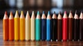 Row of colored pencils sitting on top of woode. Generative AI.
