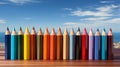 Row of colored pencils sitting on top of woode. Generative AI.