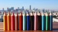 Row of colored pencils sitting on top of woode. Generative AI.