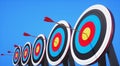 Row of colored target boards with arrows in the sun