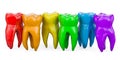 Row of colored teeth, 3D rendering