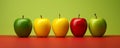 Row of colorful apples, red yellow and green, generated by ai