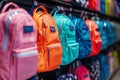 A Row of Colorful Backpacks Hanging in a Store