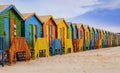 Row of colorful bathing huts in Muizenberg beach, Cape Town, South Africa