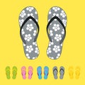 Row of colorful beach flip flops over color background Royalty Free Stock Photo