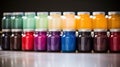 A row of colorful bottles with different colored liquids inside, AI Royalty Free Stock Photo