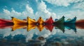 a row of colorful canoes floating in the ocean water