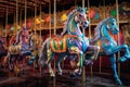 row of colorful carousel horses in various stages of motion Royalty Free Stock Photo