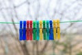 Row of colorful clothespins hanging on a green rope in a gerden