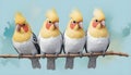 Row of colorful cockatiels