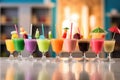 row of colorful cocktails with floating pool toys in background