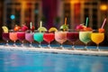 row of colorful cocktails with floating pool toys in background