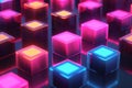 A row of colorful cubes with neon lights shining on them. futuristic technology background Royalty Free Stock Photo